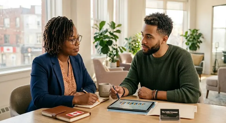A business advisor and beauty professional review a performance report together.